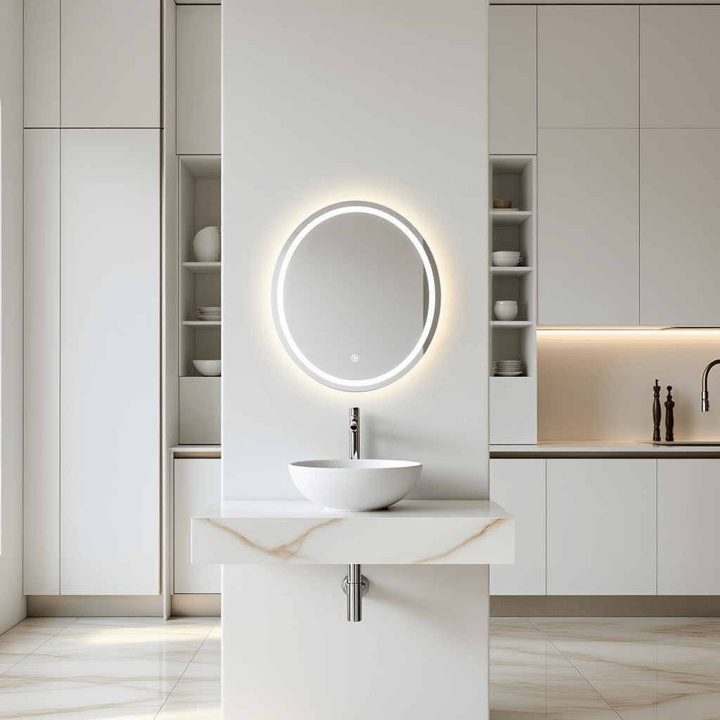 Minimalist Bathroom Vanity with Round LED Mirror & Soft Backlighting