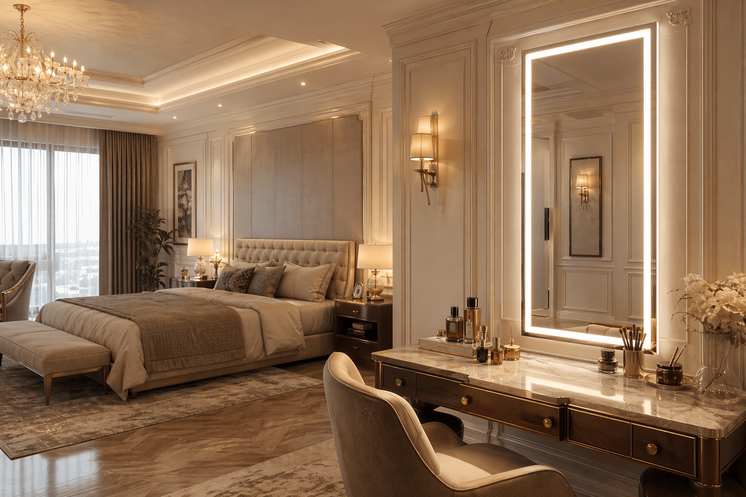 Luxury Bedroom Vanity with Full-Length LED Mirror & Elegant Lighting