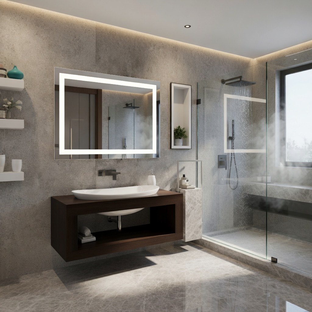 Elegant Grey Bathroom with Frameless LED Mirror Lighting
