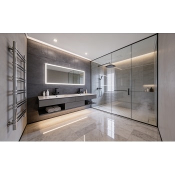 Luxury Bathroom with Rectangular LED Mirror & Ambient Lighting