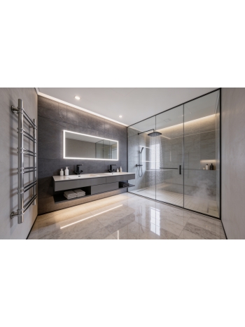 Luxury Bathroom with Rectangular LED Mirror & Ambient Lighting