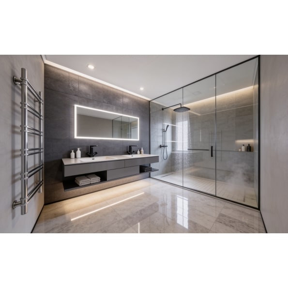 Luxury Bathroom with Rectangular LED Mirror & Ambient Lighting