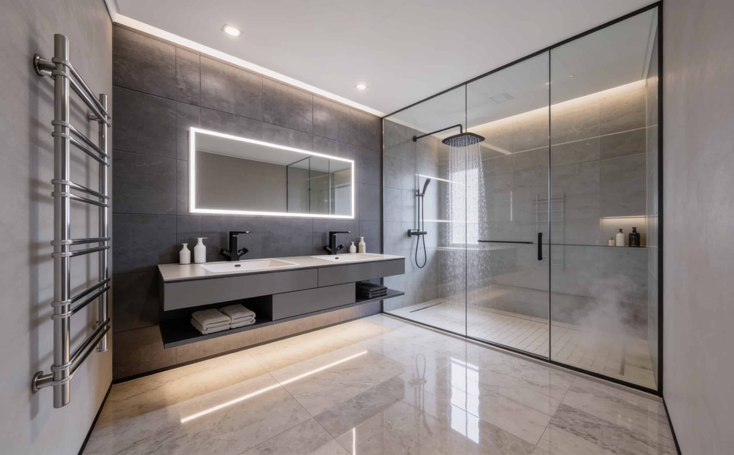 Luxury Bathroom with Rectangular LED Mirror & Ambient Lighting