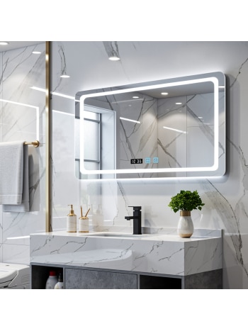 Modern Rectangular LED Bathroom Mirror with Digital Clock Display