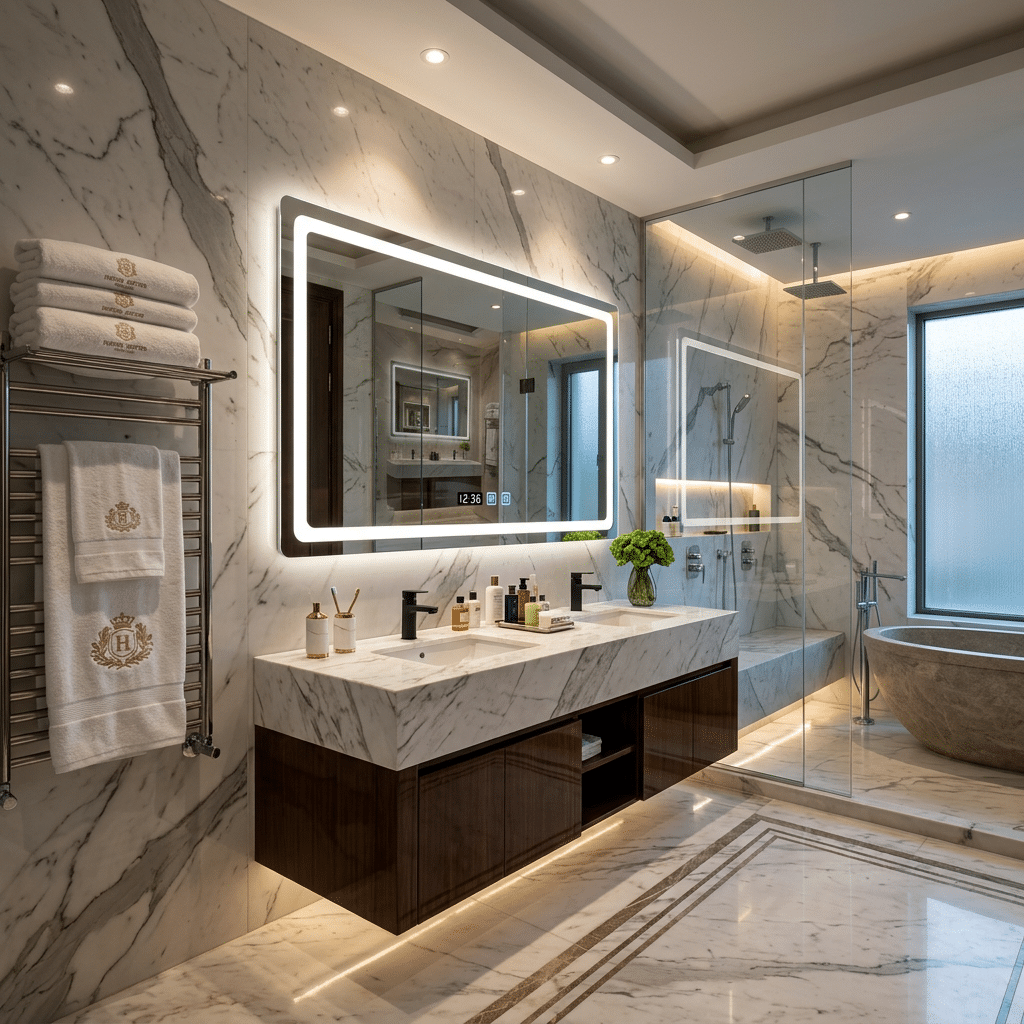 Modern Rectangular LED Bathroom Mirror with Digital Clock Display