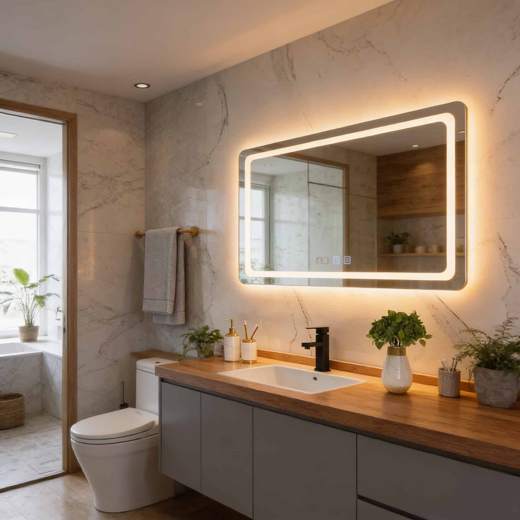 Modern Rectangular LED Bathroom Mirror with Digital Clock Display