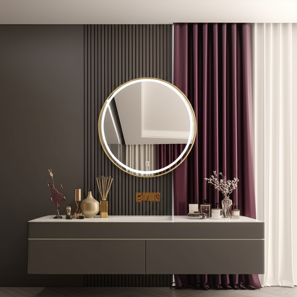 Round LED Mirror with Gold Aluminium Frame – Modern Circular Vanity Mirror for Bathrooms and Living Rooms
