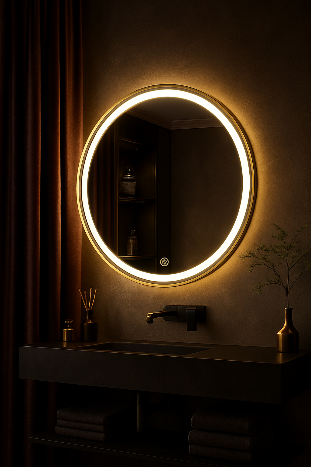 Round LED Mirror with Gold Aluminium Frame – Modern Circular Vanity Mirror for Bathrooms and Living Rooms