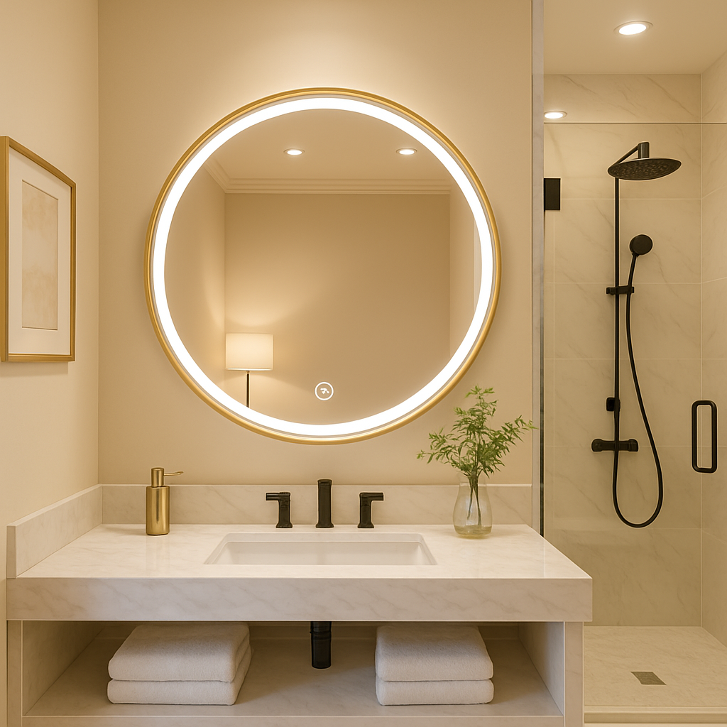 Round LED Mirror with Gold Aluminium Frame – Modern Circular Vanity Mirror for Bathrooms and Living Rooms