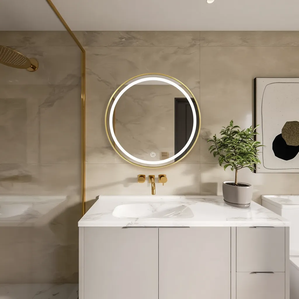 Round LED Mirror with Gold Aluminium Frame – Modern Circular Vanity Mirror for Bathrooms and Living Rooms