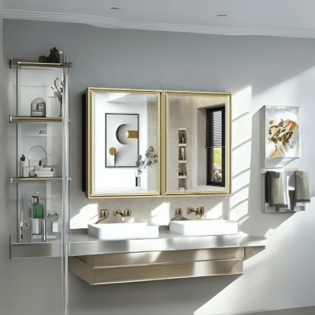 Double Door Bathroom Mirror with Storage – Gold/Silver/Black/White