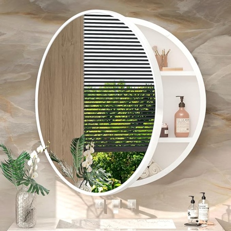 Round Bathroom Mirror Cabinet with Storage - White