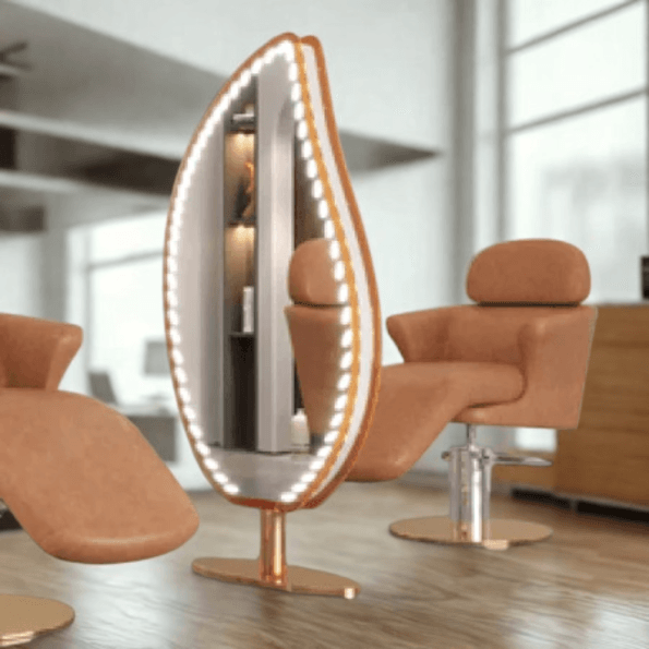 Leaf-Shaped LED Salon Mirror Station – Gold Trim | Luxury Styling Mirror