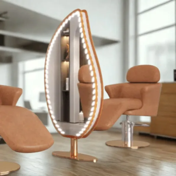 Leaf-Shaped LED Salon Mirror Station – Gold Trim | Luxury Styling Mirror