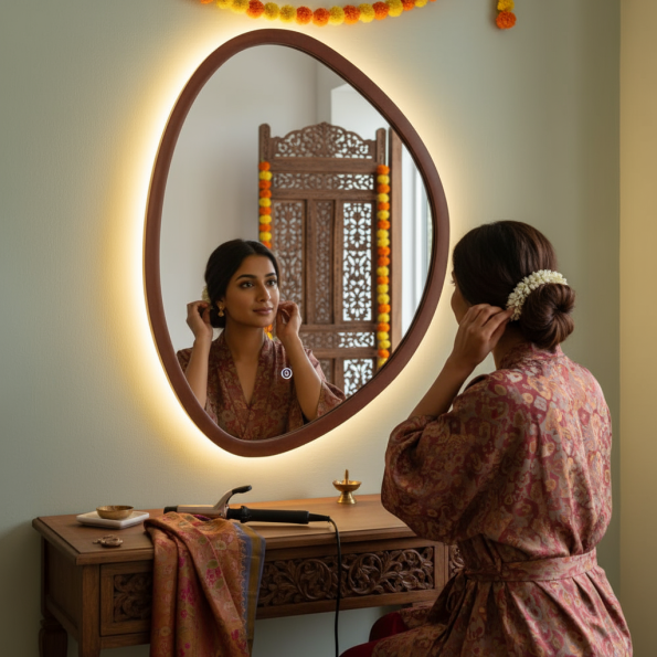 Artisan Crafted Irregular Oval LED Mirror with Solid Wood Frame 4