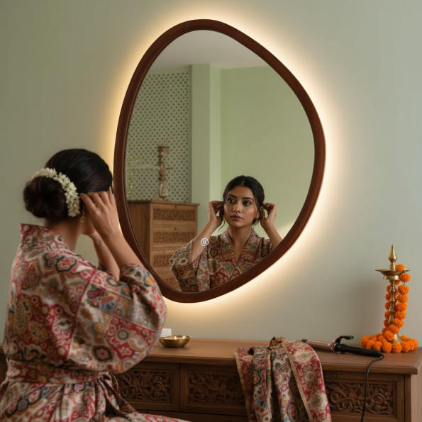 Artisan Crafted Irregular Oval LED Mirror with Solid Wood Frame 3
