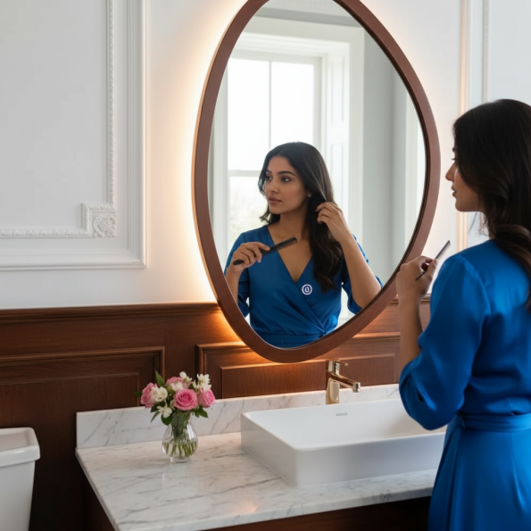 Artisan Crafted Irregular Oval LED Mirror with Solid Wood Frame 2