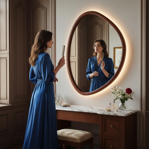 Artisan Crafted Irregular Oval LED Mirror with Solid Wood Frame 1