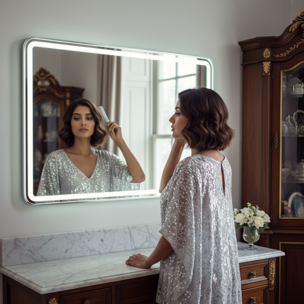 Modern Rectangular LED Mirror with Gold Stainless Steel Frame 3