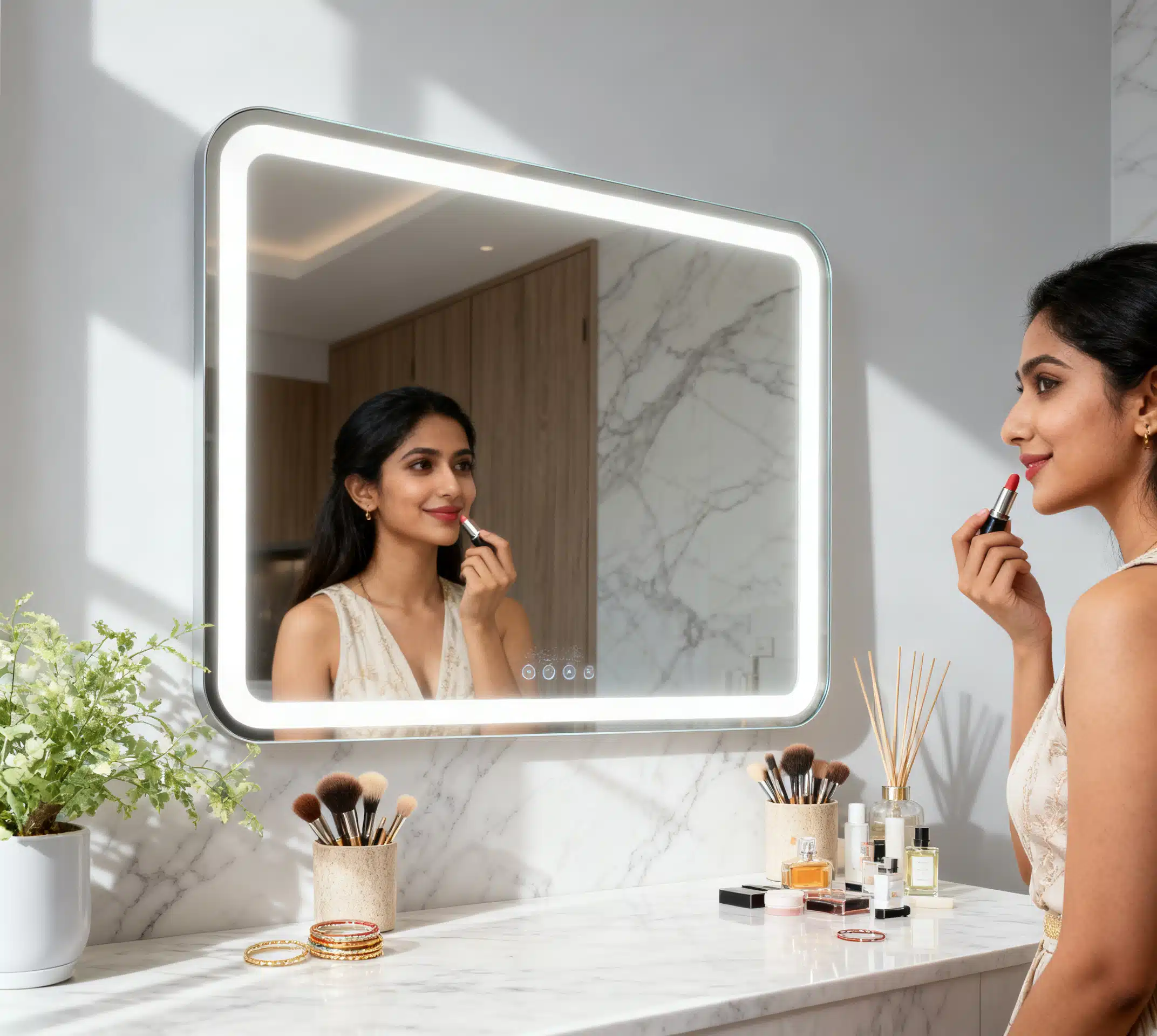 Smart LED Bathroom Mirror boasts a minimalist rectangular design that fits perfectly in any modern bathroom.