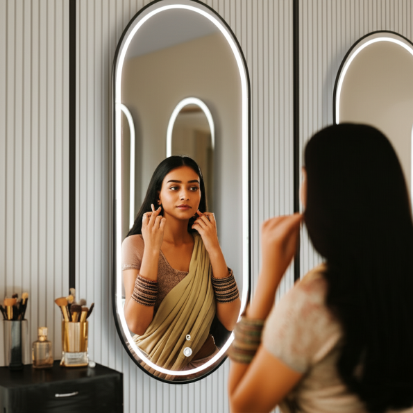 Oval LED Mirror with Gold Stainless Steel Frame & Soft Backlit Glow