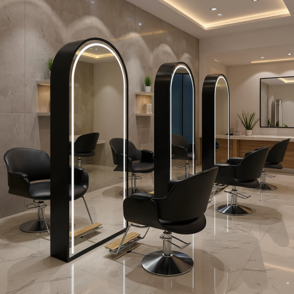 Arched Salon Mirror with LED Lighting – Black Steel Frame 1