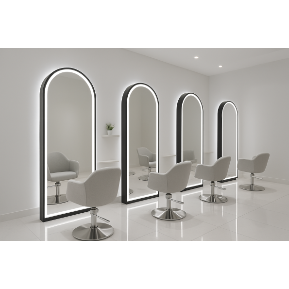 Arched Salon Mirror with LED Lighting – Black Steel Frame 3