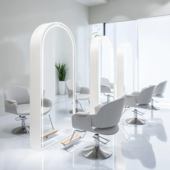 Arched Salon Mirror with LED Lighting – Black Steel Frame 4