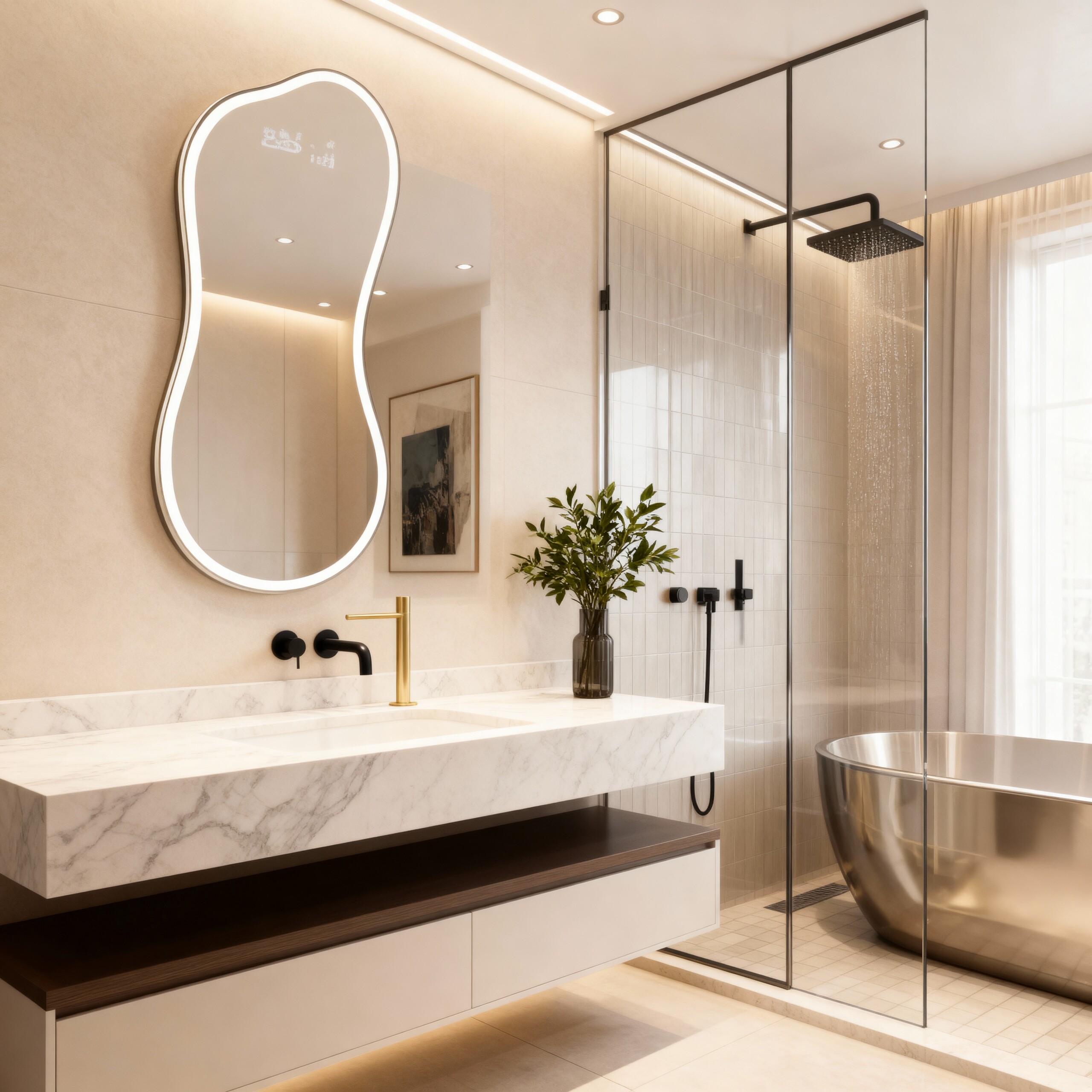 Modern Irregular LED Backlit Mirror – Customizable Frame