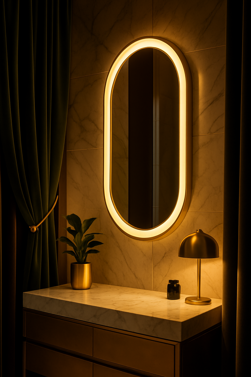 Oval Framed LED Bathroom Mirror – Light Gold Finish, Touch Dimmer & Anti-Fog | Custom Sizes