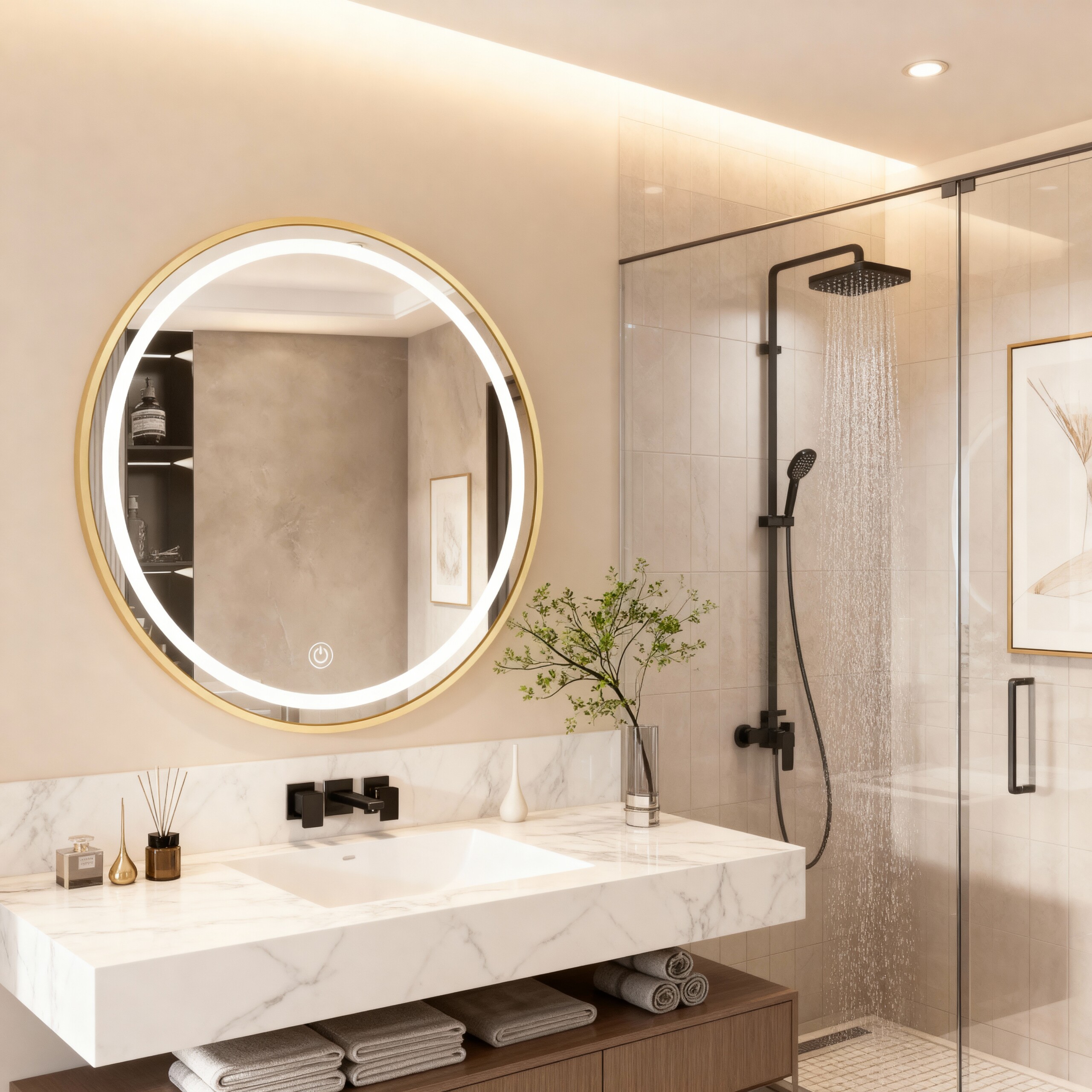 Round LED Mirror with Gold Aluminium Frame – Modern Circular Vanity Mirror for Bathrooms and Living Rooms