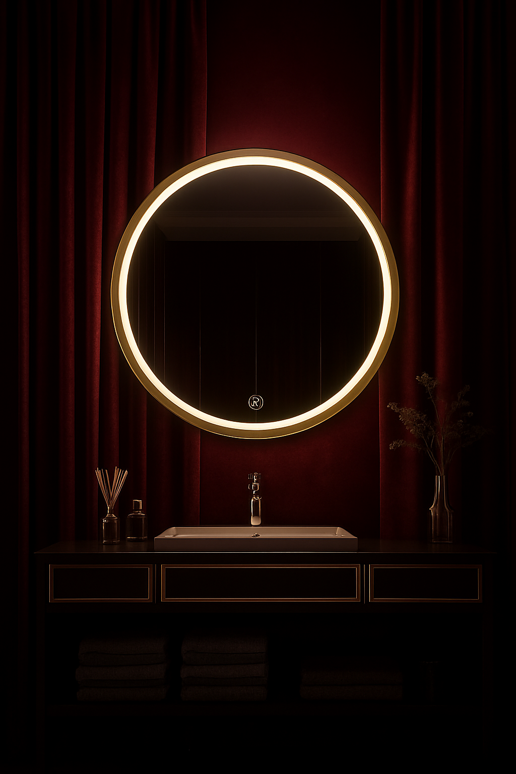 Round LED Mirror with Gold Aluminium Frame – Modern Circular Vanity Mirror for Bathrooms and Living Rooms