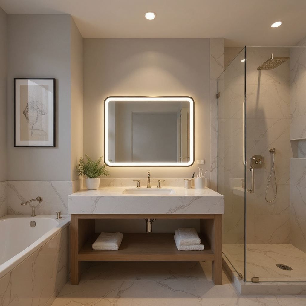 Modern Rectangular LED Mirror – Black Stainless Steel Frame with Shelving