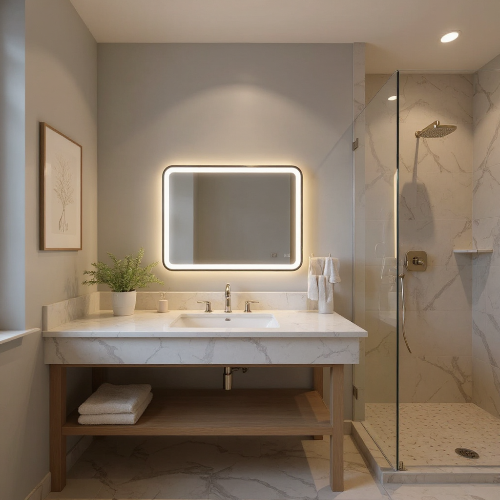 Modern Rectangular LED Mirror – Black Stainless Steel Frame with Shelving