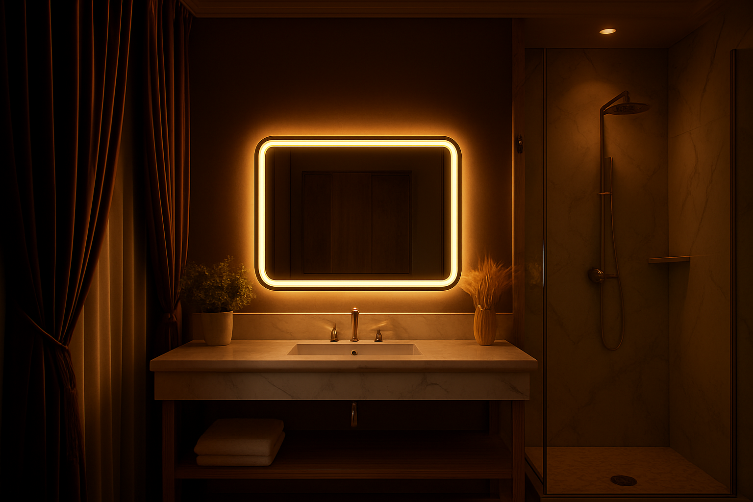 Modern Rectangular LED Mirror – Black Stainless Steel Frame with Shelving