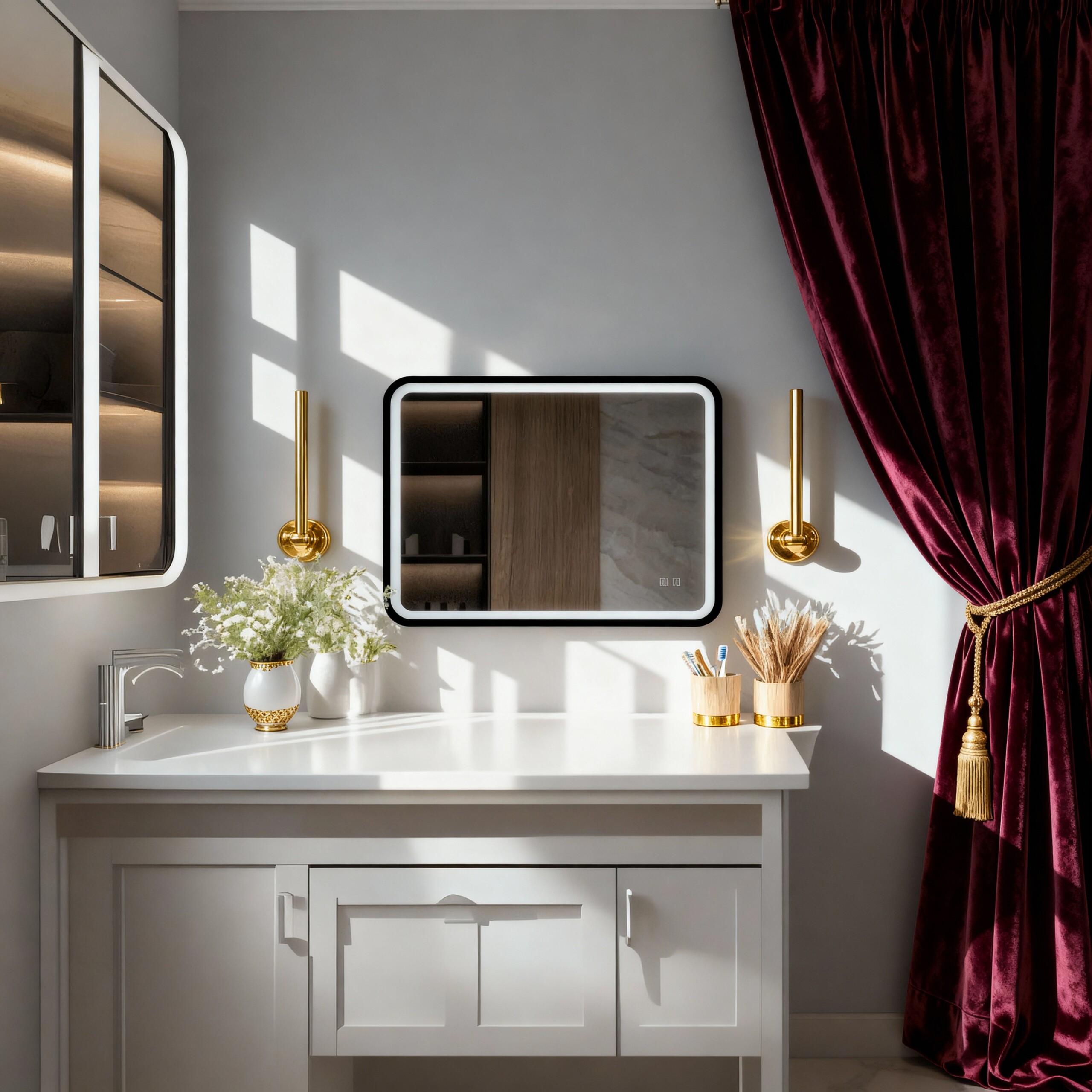 Modern Rectangular LED Mirror – Black Stainless Steel Frame with Shelving