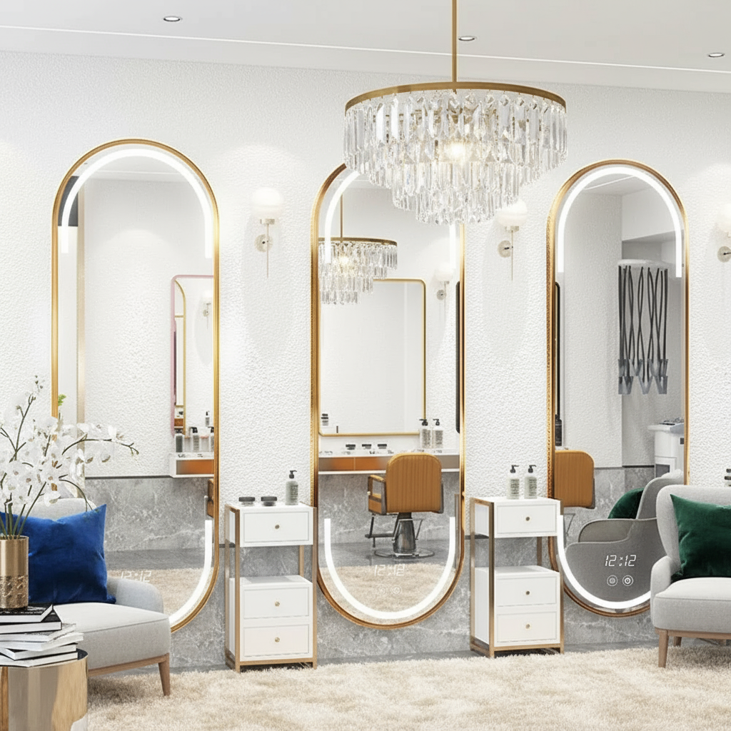 Gold LED Bathroom Mirror – Modern Rounded Rectangle with Stainless Steel Frame