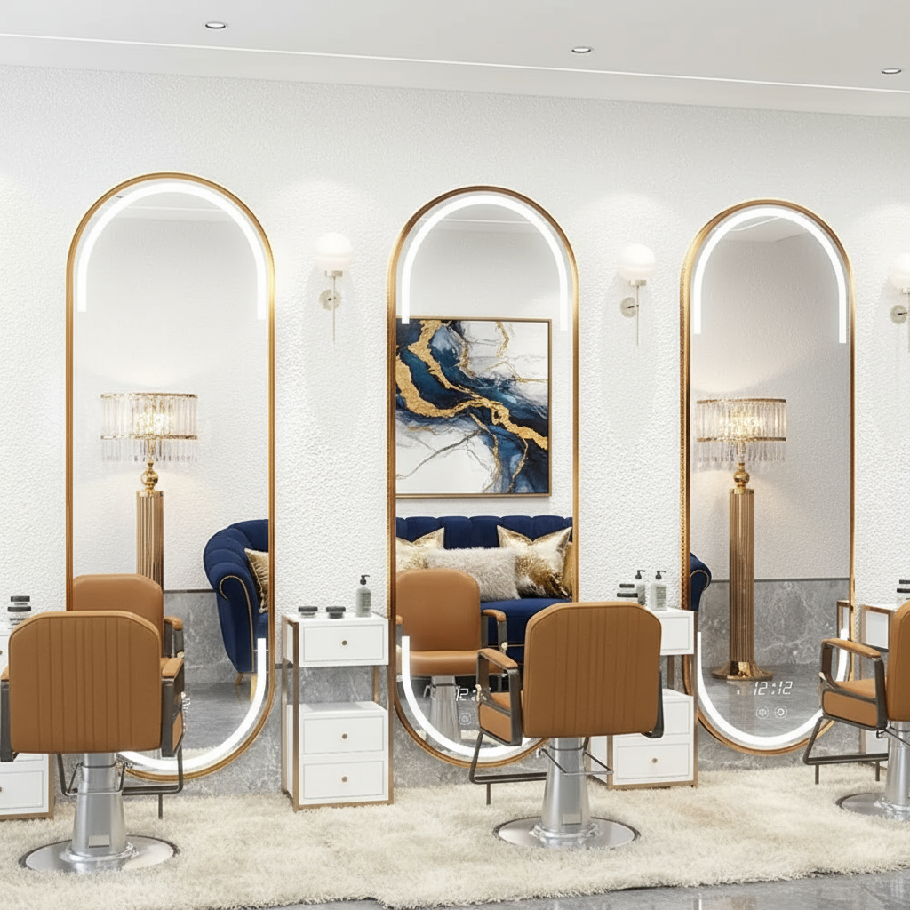 Gold LED Bathroom Mirror – Modern Rounded Rectangle with Stainless Steel Frame