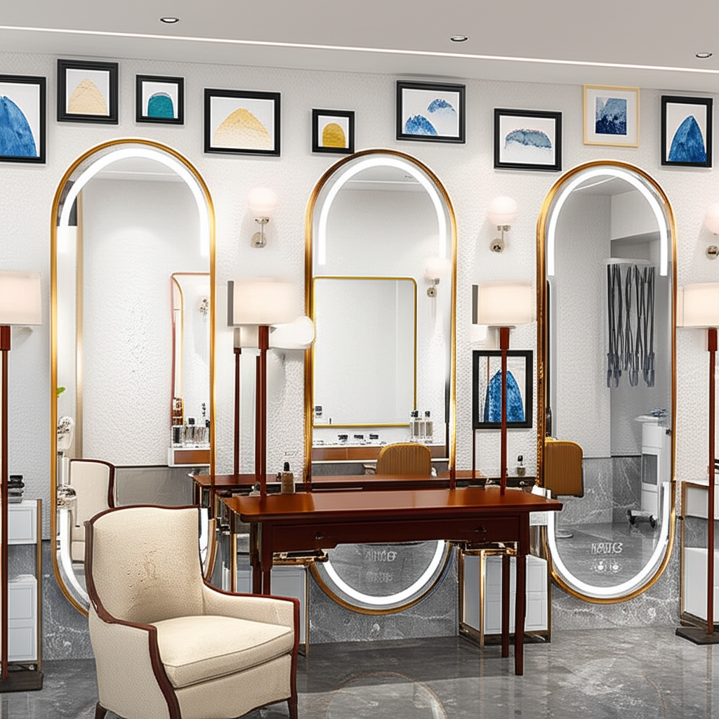 Gold LED Bathroom Mirror – Modern Rounded Rectangle with Stainless Steel Frame