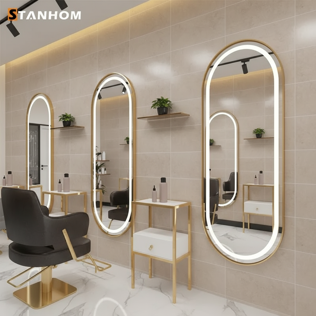 Oval LED Mirror with Gold Aluminium Frame – Luxury Vanity Mirrors for Salons and Living Rooms