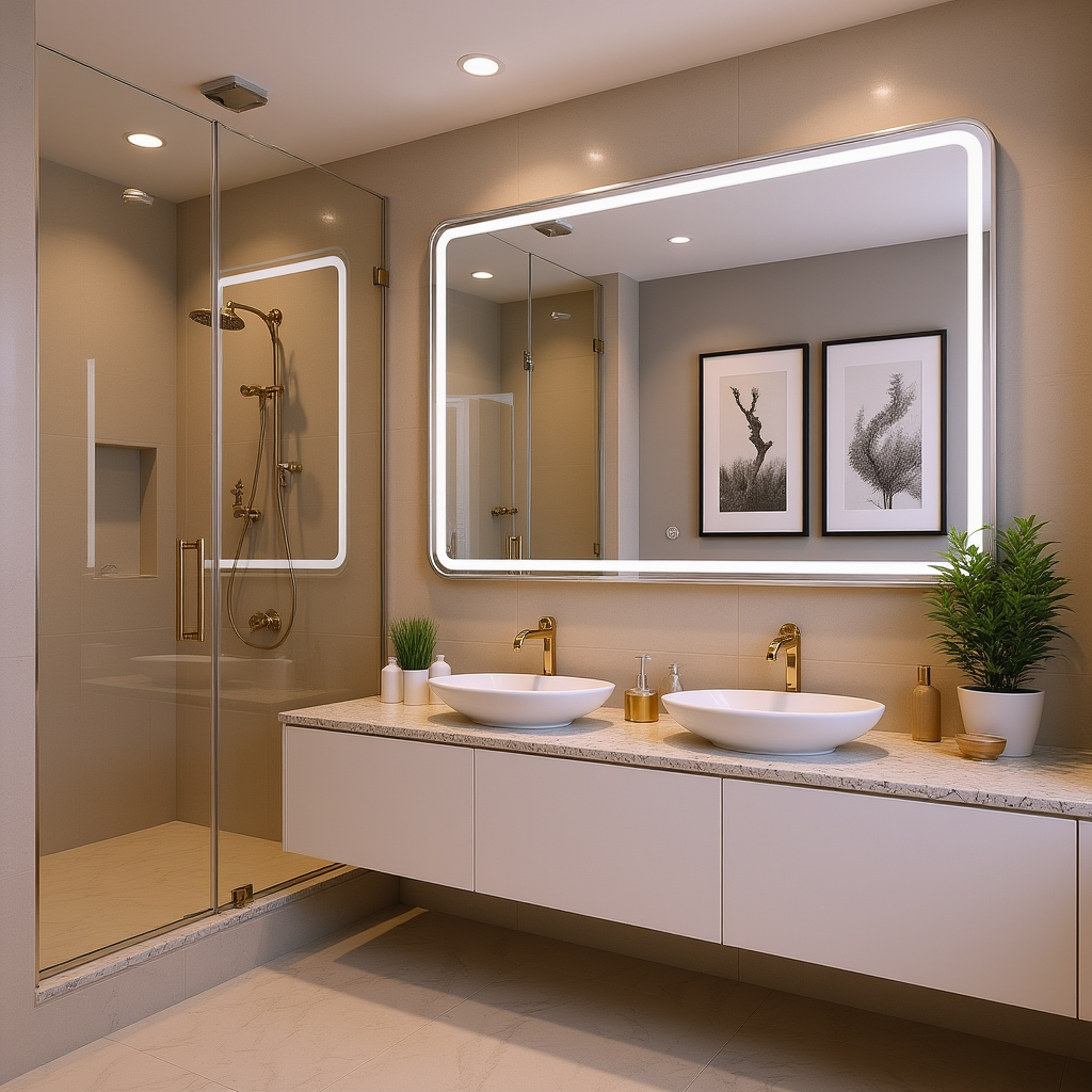 Modern Rectangular LED Mirror with Gold Stainless Steel Frame