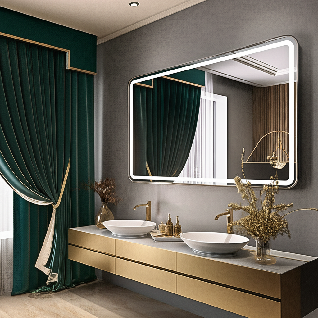 Modern Rectangular LED Mirror with Gold Stainless Steel Frame