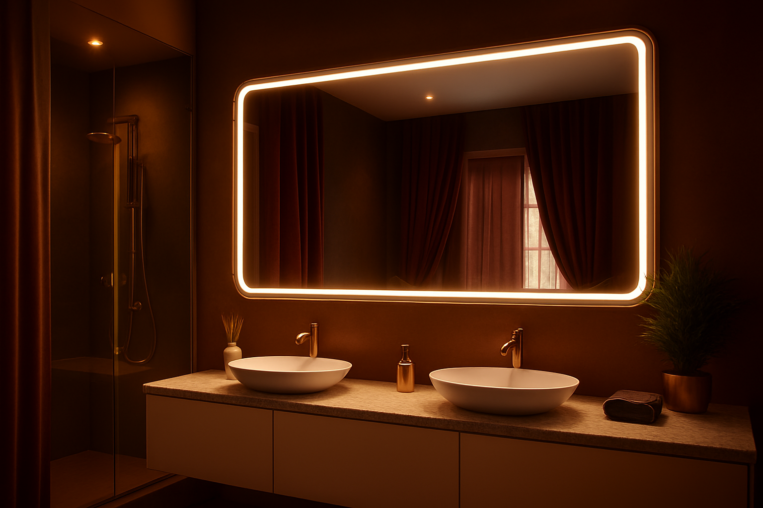 Modern Rectangular LED Mirror with Gold Stainless Steel Frame