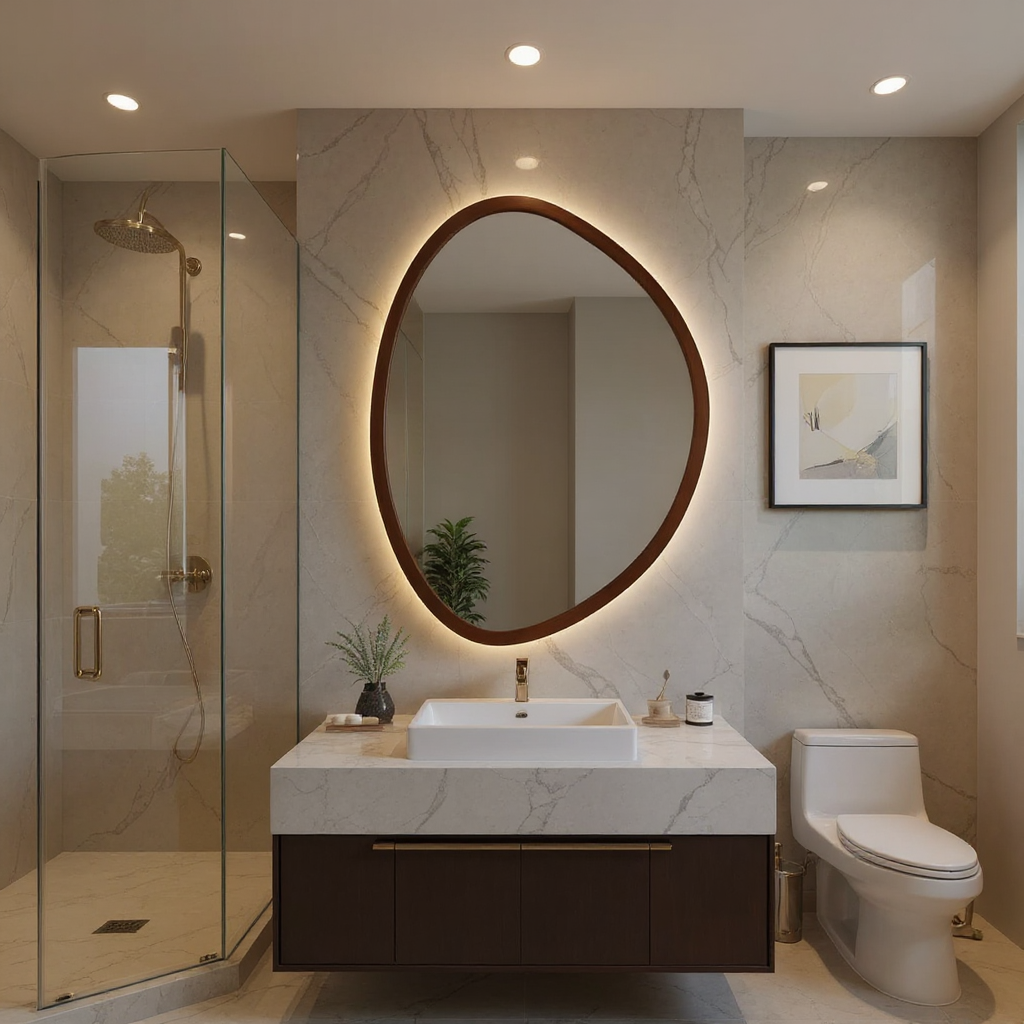 Artisan Crafted Irregular Oval LED Mirror with Solid Wood Frame
