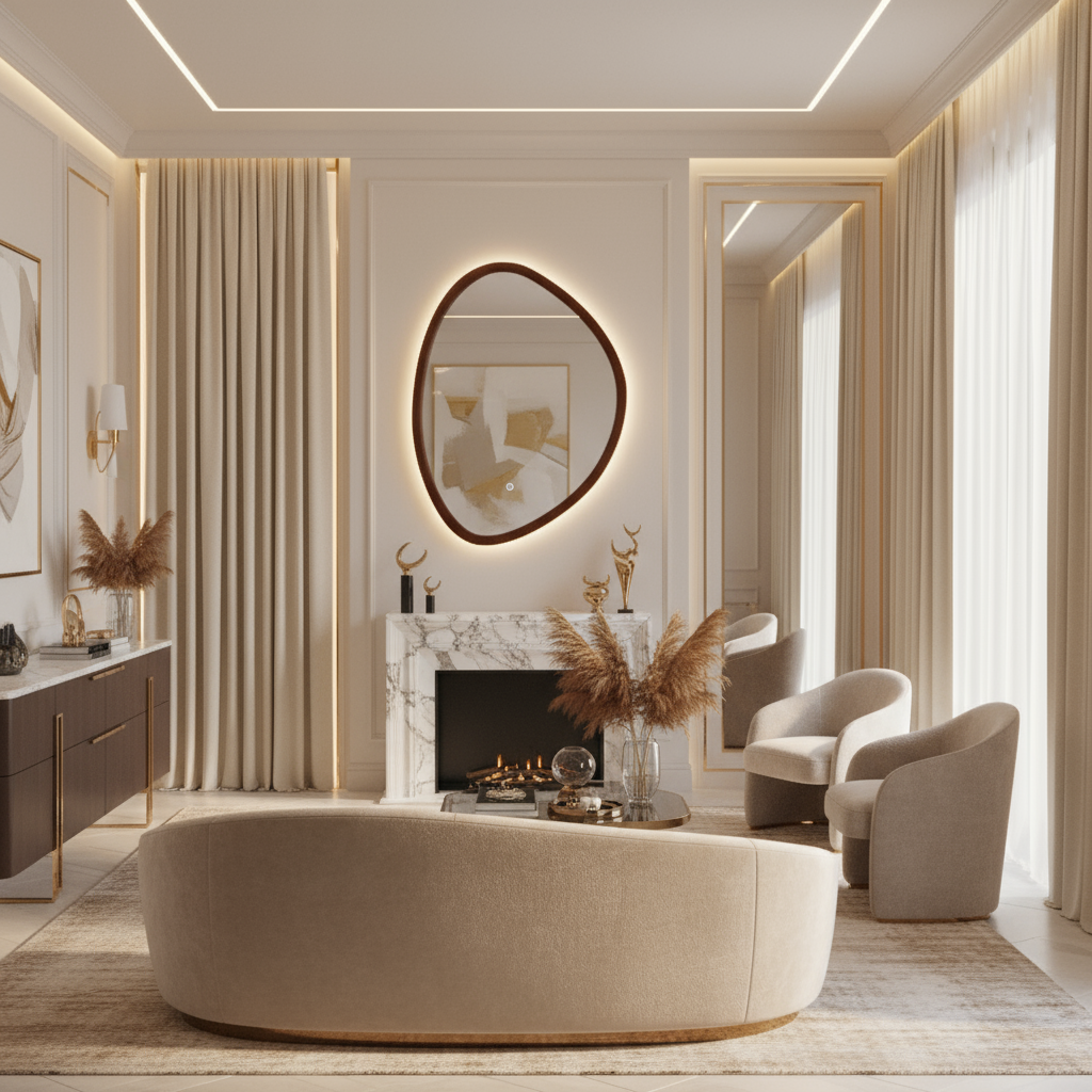 Artisan Crafted Irregular Oval LED Mirror with Solid Wood Frame