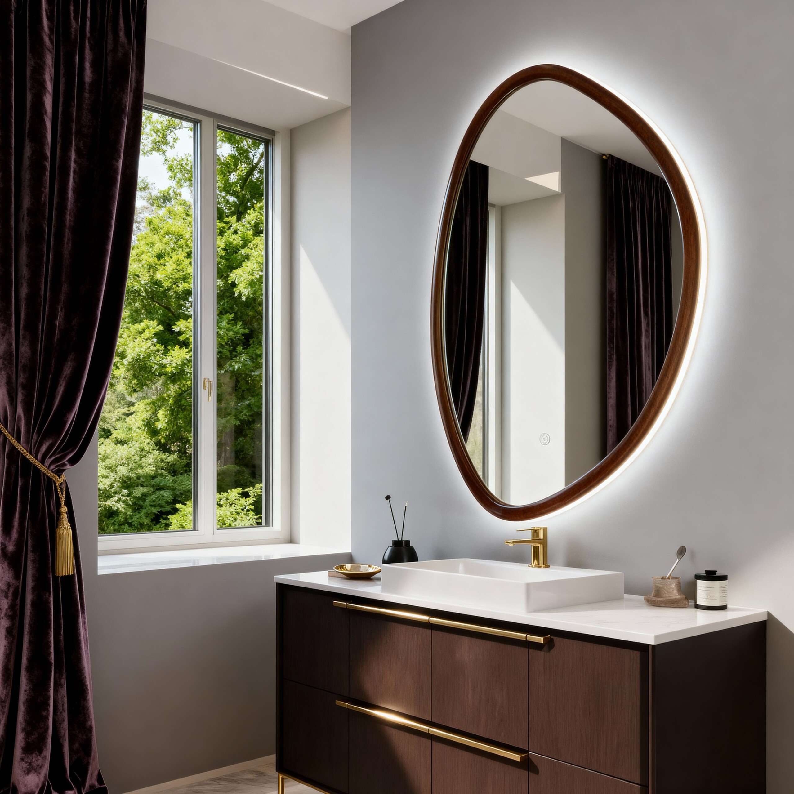 Artisan Crafted Irregular Oval LED Mirror with Solid Wood Frame