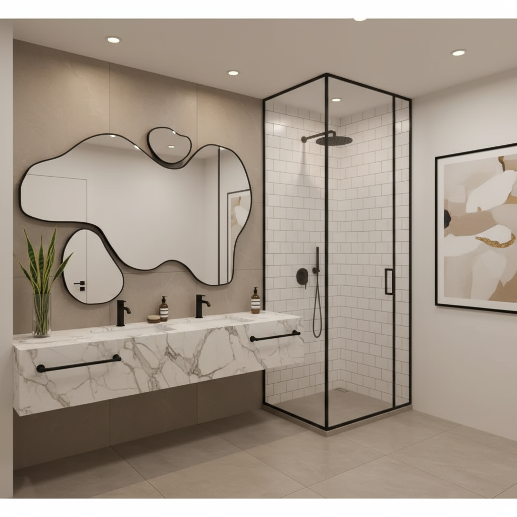 Abstract Organic Wall Mirror with Attached Accents – Anodized Aluminum Frame