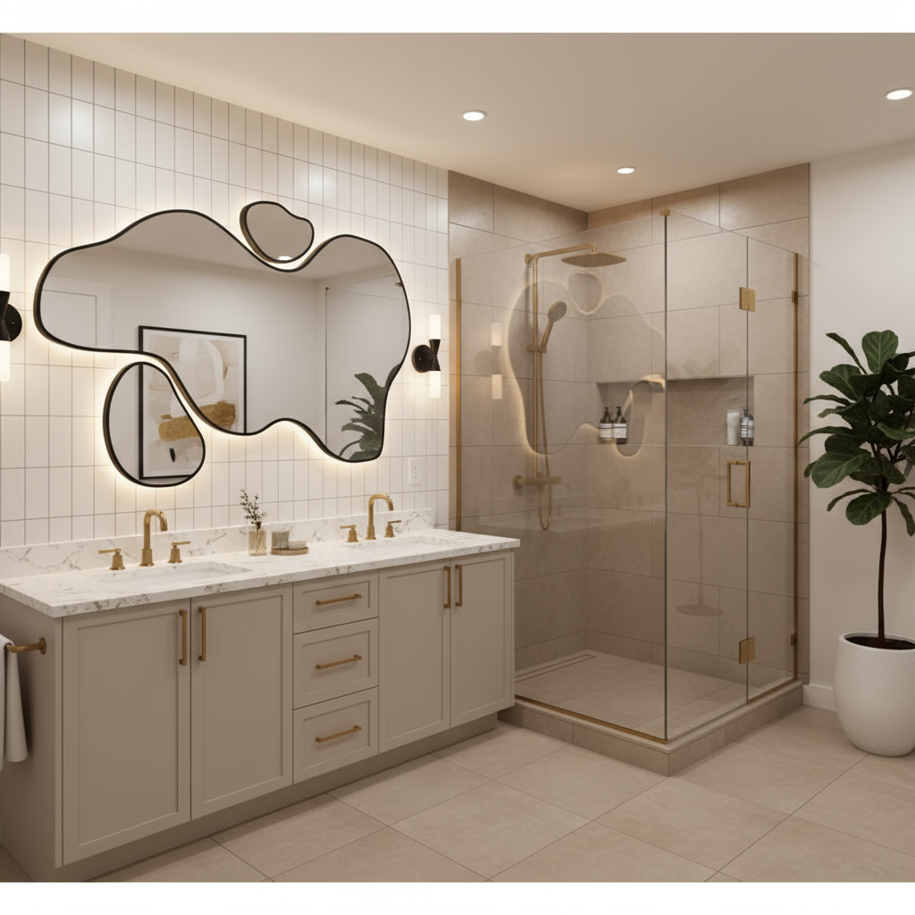 Abstract Organic Wall Mirror with Attached Accents – Anodized Aluminum Frame