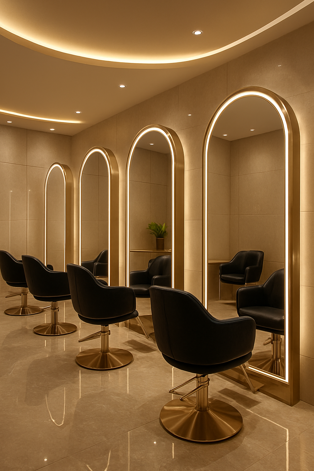 Arched LED Salon Mirror with Power Outlets – Silver Stainless Steel