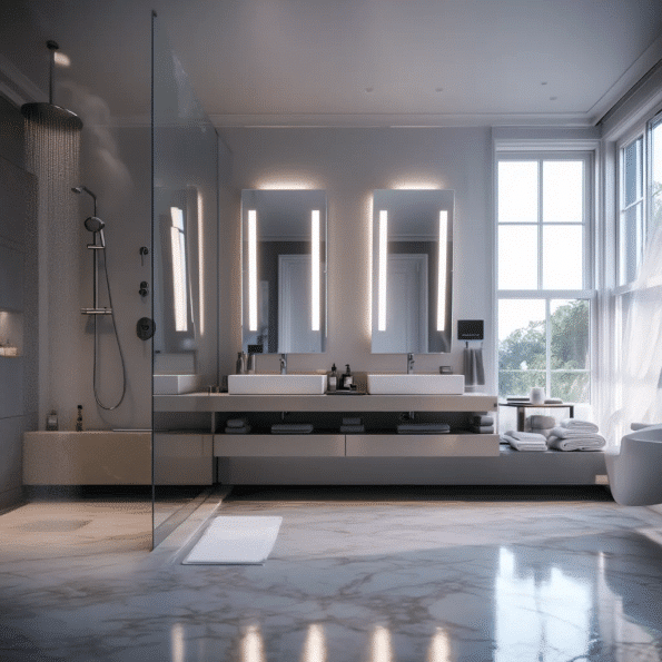 Luxury Double Vanity Bathroom with Vertical LED Mirror Lighting